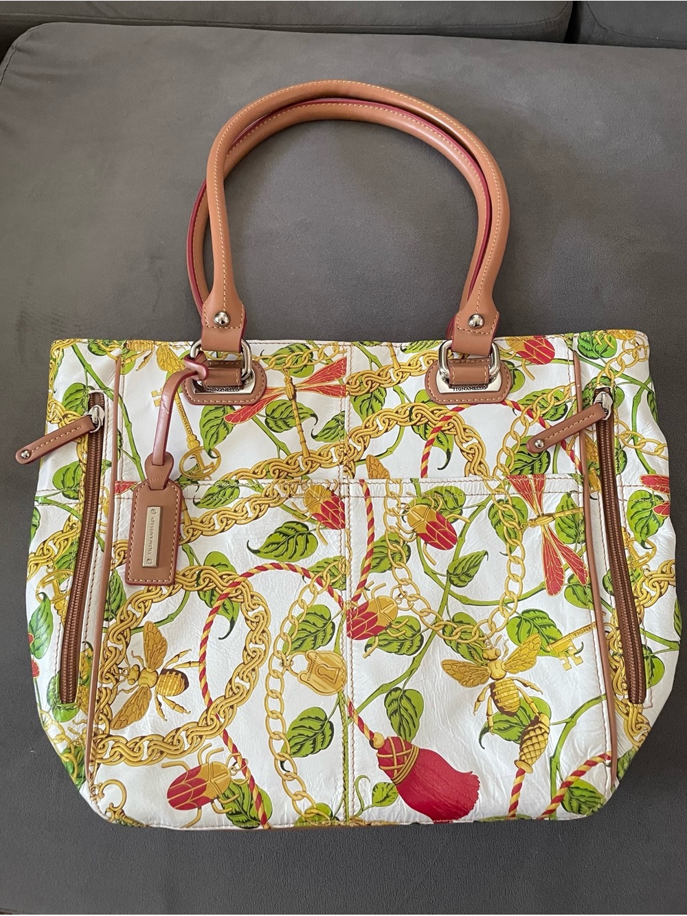 Tignanello White Floral & Gold Chain Print shoulder bag with Tan Trim